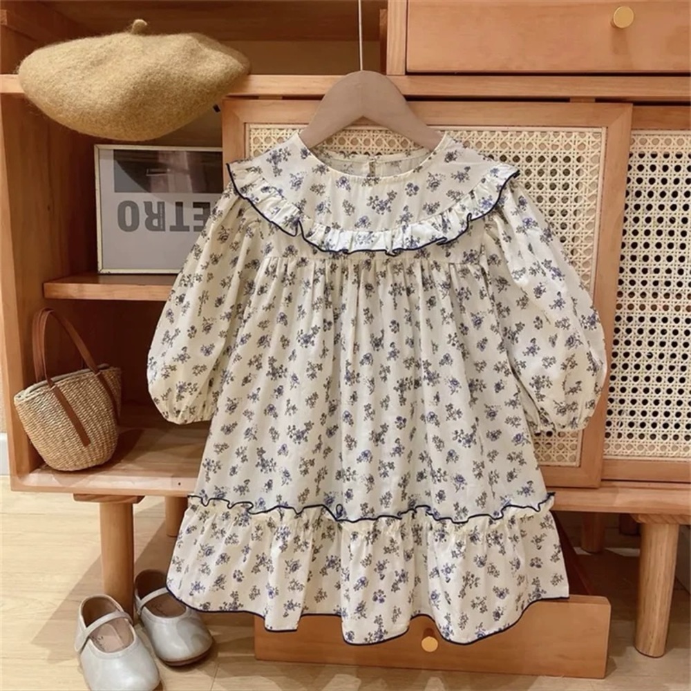 Floral Cream and Blue Kids Dress